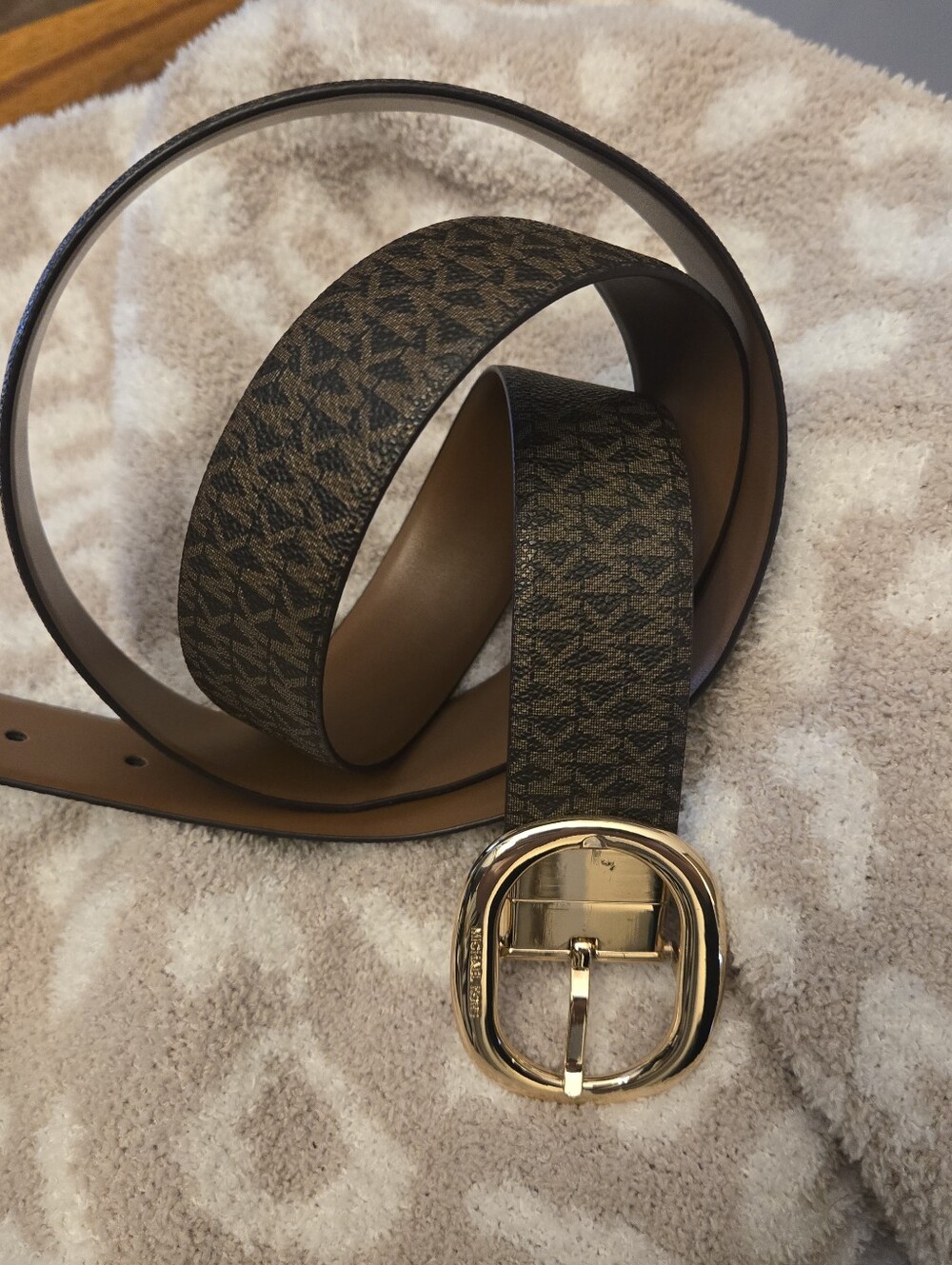 Michael Kors Brown Monogram Reversible Leather Belt with Gold Buckle